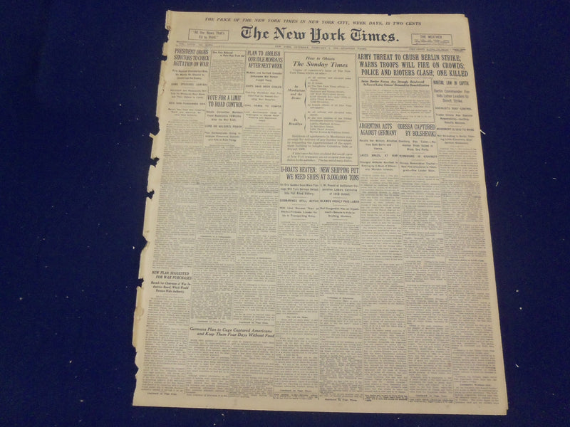 1918 FEBRUARY 2 NEW YORK TIMES - ARMY THREAT TO CRUSH BERLIN STRIKE - NT 8228