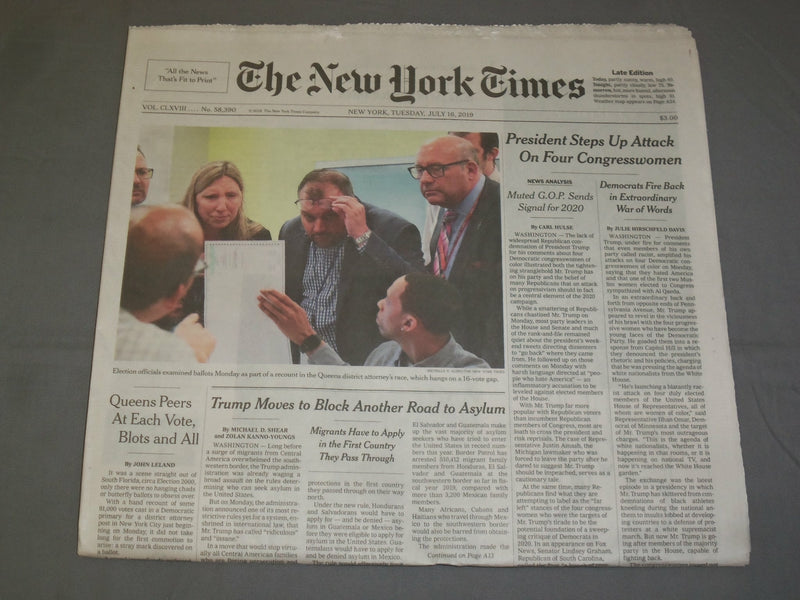 2019 JULY 16 NEW YORK TIMES - PRESIDENT STEPS UP ATTACK ON FOUR CONGRESSWOMEN