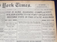 1920 NOVEMBER 2 NEW YORK TIMES - COX IS SURE, HARDING COMPLACENT - NT 8442