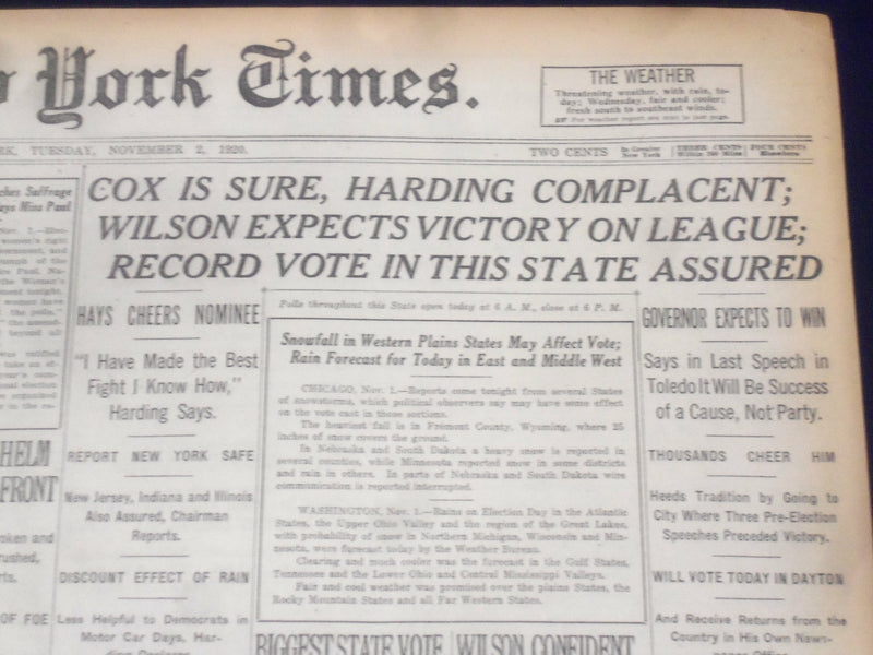 1920 NOVEMBER 2 NEW YORK TIMES - COX IS SURE, HARDING COMPLACENT - NT 8442