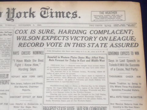 1920 NOVEMBER 2 NEW YORK TIMES - COX IS SURE, HARDING COMPLACENT - NT 8442