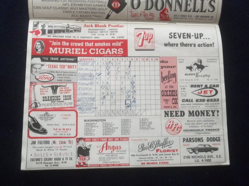 1965 WASHINGTON SENATORS VS. NEW YORK YANKEES SCORECARD - J 8398