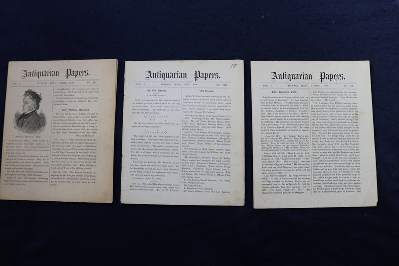 1879-1885 ANTIQUARIAN PAPERS - IPSWICH, MASSACHUSETTS - LOT OF 34 - K 780