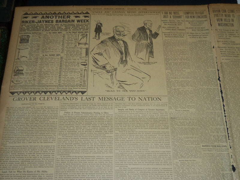 1908 AUGUST 30 THE BOSTON HERALD - CLEVELAND'S LAST MESSAGE TO NATION - BH 302