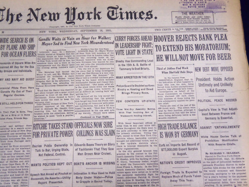 1931 SEPTEMBER 16 NEW YORK TIMES - HOOVER REJECTS BANK PLEA - NT 4151