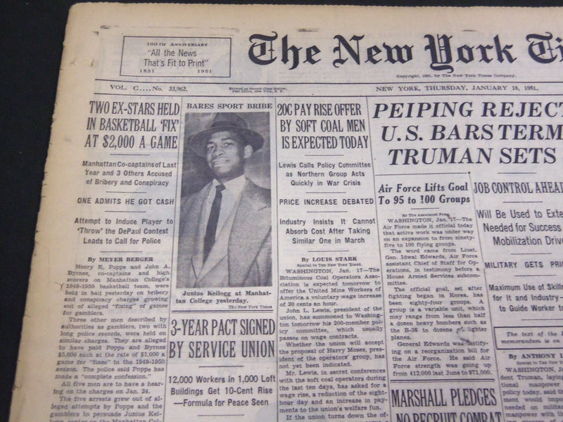 1951 JANUARY 18 NEW YORK TIMES - BASKETBALL STARS HELD IN FIX - NT 4276