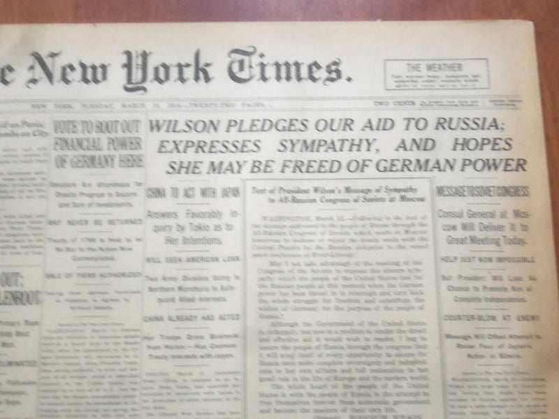 1918 MARCH 12 NEW YORK TIMES - WILSON PLEDGES AID TO RUSSIA - NT 8149