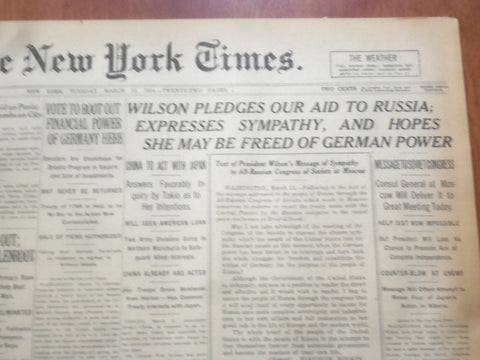 1918 MARCH 12 NEW YORK TIMES - WILSON PLEDGES AID TO RUSSIA - NT 8149