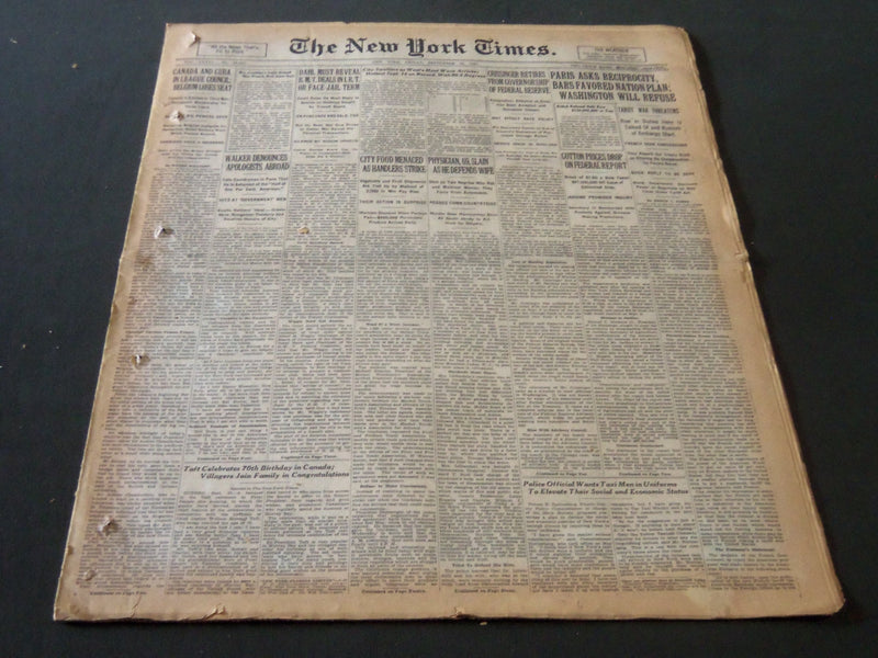 1927 SEPT 16 NEW YORK TIMES - PARIS ASKS RECIPROCITY WASHINGTON REFUSE - NT 6382