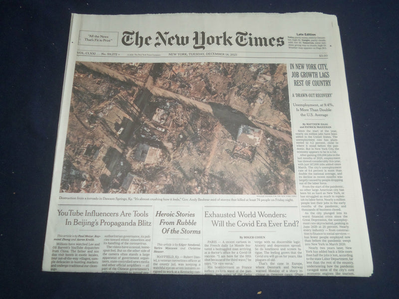 2021 DECEMBER 14 NEW YORK TIMES - NEW YORK CITY JOB GROWTH LAGS REST OF COUNTRY