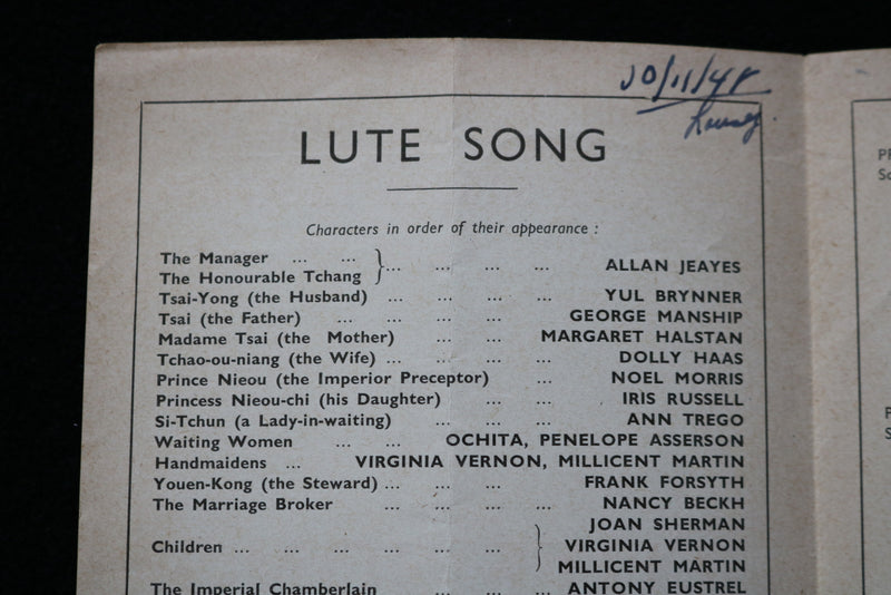 1948 LUTE SONG PROGRAM - YUL BRYNNER - WINTER GARDEN THEATRE - LONDON - K 1900