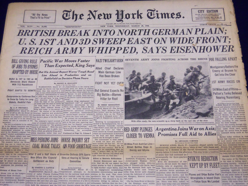 1945 MARCH 28 NEW YORK TIMES - REICH ARMY WHIPPED, SAYS EISENHOWER - NT 396