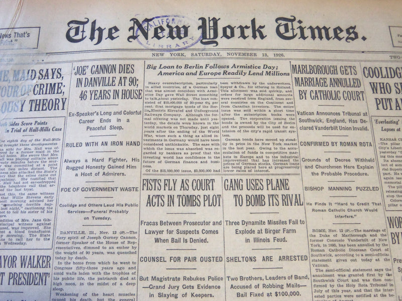 1926 NOVEMBER 13 NEW YORK TIMES - JOE CANNON DIES AT 90 - NT 6525