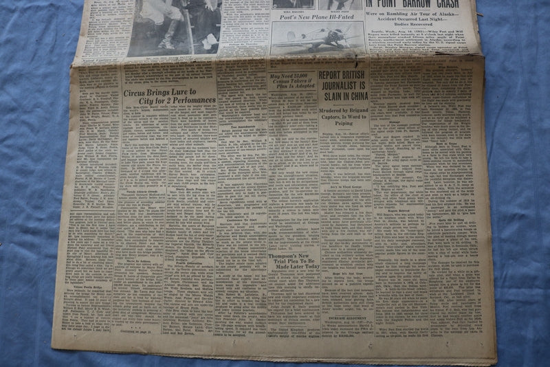 1935 AUGUST 16 PEORIA EVENING STAR NEWSPAPER - POST AND ROGERS KILLED - NP 9224