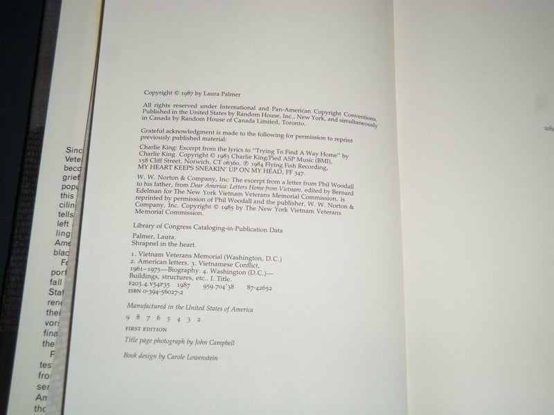 1987 SHRAPNEL IN THE HEART BOOK SIGNED BY LAURA PALMER - FIRST EDITION - KD 5538