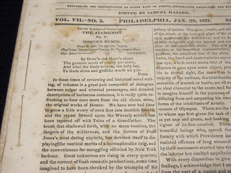 1830-1831 HAZARD'S THE REGISTER OF PENNSYLVANIA MAGAZINES LOT OF 42 - O 1797