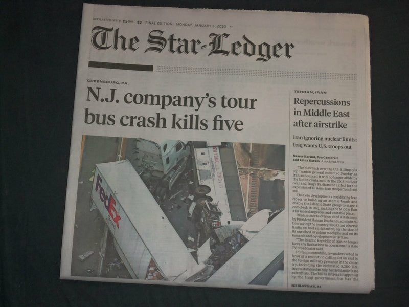 2020 JANUARY 6 THE STAR-LEDGER NEWSPAPER- NJ COMPANY'S TOUR BUS CRASH KILLS FIVE