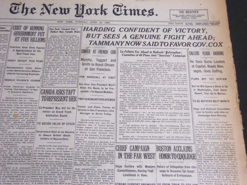 1920 JUNE 15 NEW YORK TIMES - HARDING CONFIDENT OF VICTORY - NT 6945