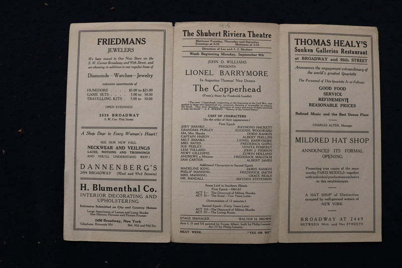 1920 THE COPPERHEAD -SHUBERT RIVIERA THEATRE - LIONEL BARRYMORE PROGRAM - K 1782