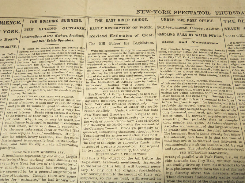 1875 APRIL 1 NEW YORK SPECTATOR NEWSPAPER - EAST RIVER BRIDGE - NP 8962