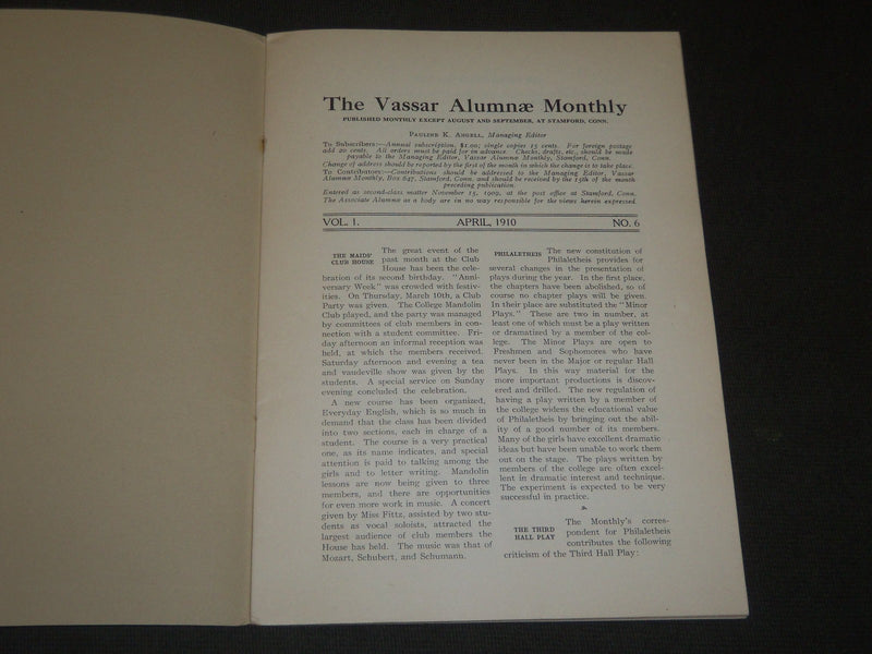 1909-1910 THE VASSAR ALUMNAE MONTHLY MAGAZINE LOT OF 4 ISSUES - J 5228