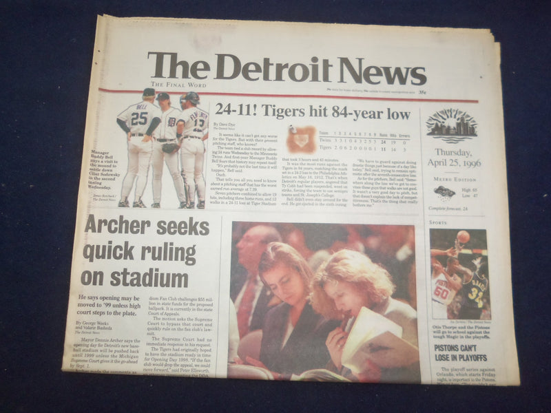 1996 APRIL 25 THE DETROIT NEWS NEWSPAPER-TIGERS LOST 24-11, 84-YEAR LOW- NP 7197