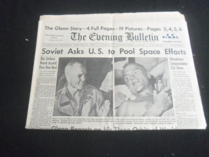 1962 FEBRUARY 21 THE EVENING BULLETIN NEWSPAPER - JOHN GLENN FLIGHT - NP 5770