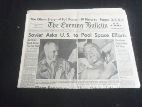 1962 FEBRUARY 21 THE EVENING BULLETIN NEWSPAPER - JOHN GLENN FLIGHT - NP 5770