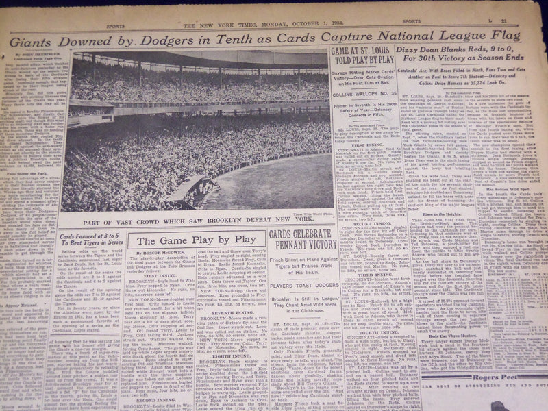 1934 OCTOBER 1 NEW YORK TIMES - CARDS ROUT REDS AND WIN PENNANT - NT 1678