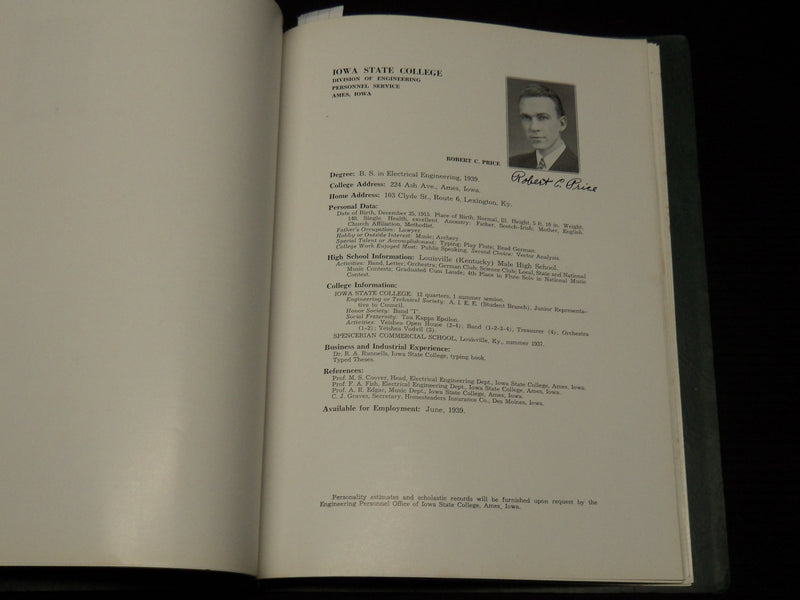 1939 IOWA STATE COLLEGE ENGINEERING PERSONNEL SERVICE - SIGNATURES - J 9999D