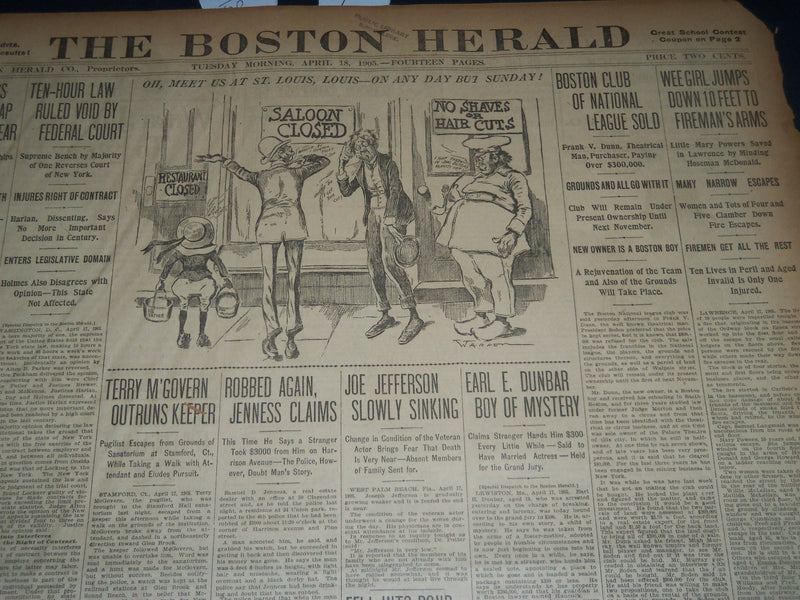 1905 APRIL 9 THE BOSTON HERALD - BOSTON CLUB OF NATIONAL LEAGUE SOLD - BH 162