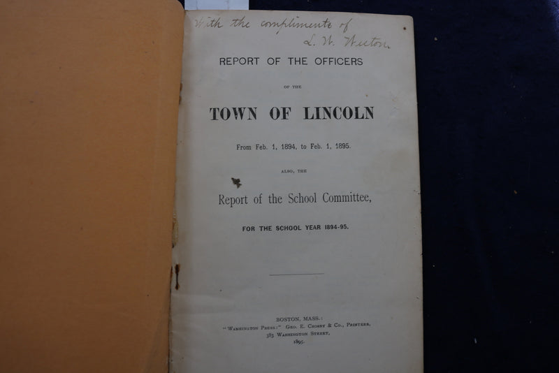 1894-1895 TOWN OF LINCOLN OFFICERS & SCHOOL COMMITTEE REPORT SOFTCOVER - K 794