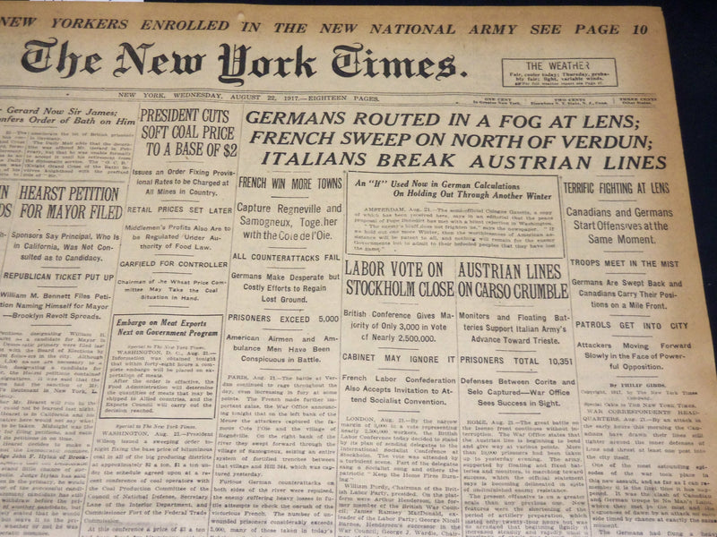 1917 AUGUST 22 NEW YORK TIMES - GERMANS ROUTED AT LENS - NT 8524