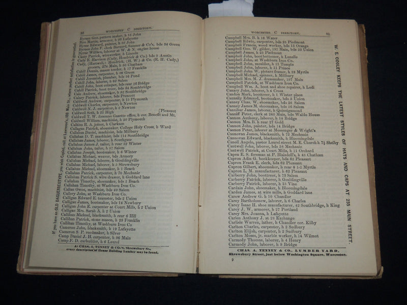 1869 WORCESTER DIRECTORY BY HENRY J. HOWLAND - MAP - KD 81U