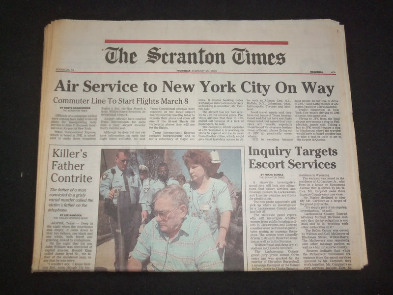 1999 FEB 25 THE SCRANTON TIMES NEWSPAPER - AIR SERVICE SCRANTON TO JFK - NP 8396
