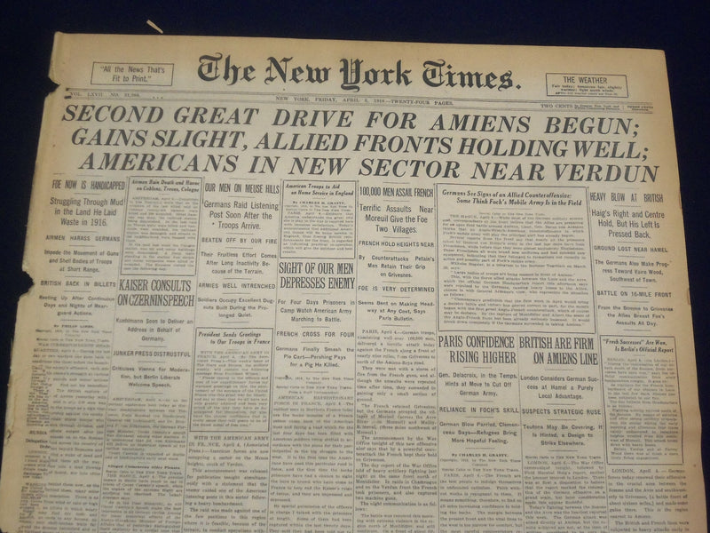 1918 APRIL 5 NEW YORK TIMES - AMERICANS IN NEW SECTOR NEAR VERDUN - NT 8202