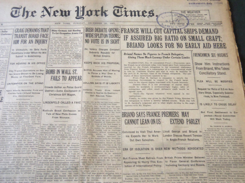1921 DECEMBER 20 NEW YORK TIMES - FRANCE WILL CUT CAPITAL SHIPS DEMAND - NT 6144