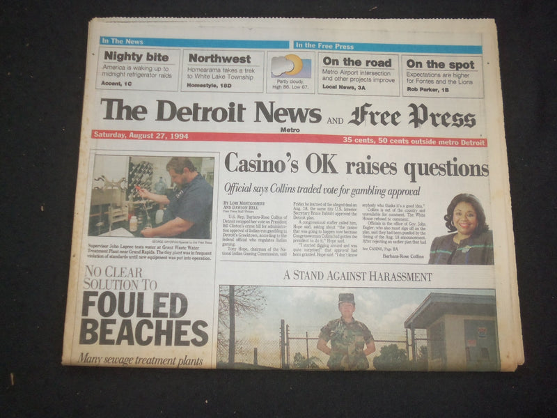1994 AUG 27 DETROIT NEWS/FREE PRESS NEWSPAPER -CASINO'S OK RAISES QUES.- NP 7713