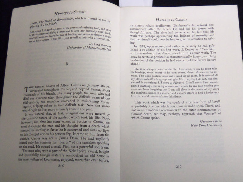 1960 WINTER THE MASSACHUSETTS REVIEW MAGAZINE - HOMAGE TO CAMUS - J 9200