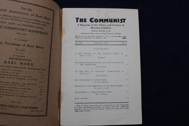 1933 FEBRUARY THE COMMUNIST MONTHLY PERIODICAL - K 484