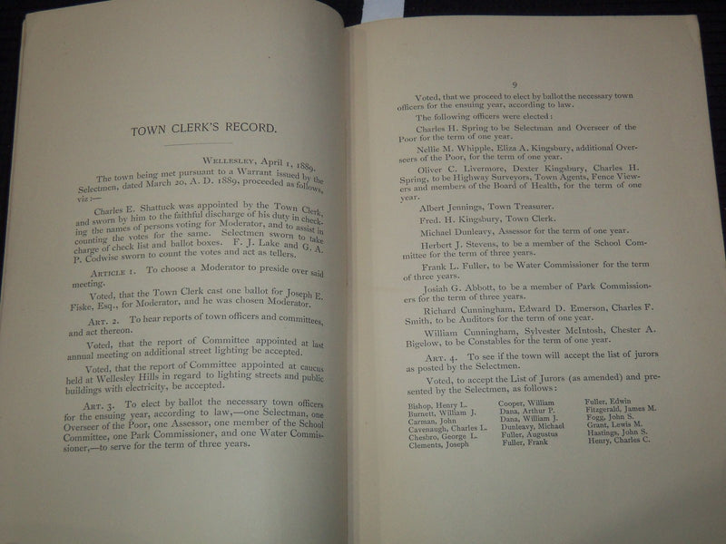 1889 WELLESLEY TOWN CLERK'S RECORD OF THE ANNUAL MEETING -MASSACHUSETTS - K 3102