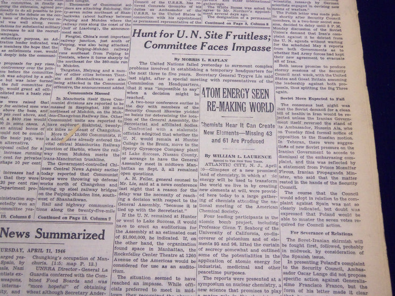 1946 APRIL 11 NEW YORK TIMES - HUNT FOR UN SITE FRUITLESS - NT 2721