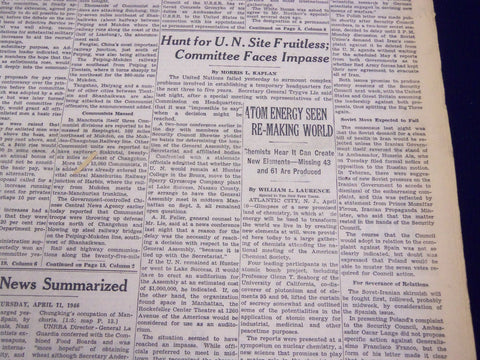 1946 APRIL 11 NEW YORK TIMES - HUNT FOR UN SITE FRUITLESS - NT 2721