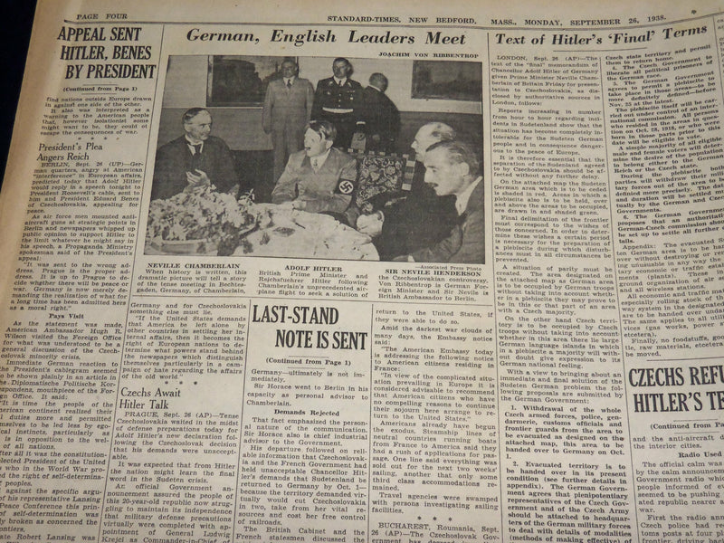 1938 SEPT 26 NEW BEDFORD STANDARD TIMES - ROOSEVELT ASKS PEACE - NT 8914