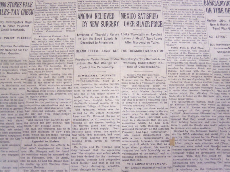 1935 APRIL 30 NEW YORK TIMES - ANGINA RELIEVED BY NEW SURGERY - NT 3810