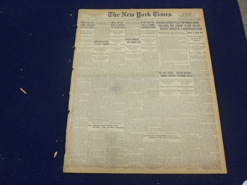 1923 APRIL 25 NEW YORK TIMES - HARDING RENEWS PLEA FOR WORLD COURT - NT 8351