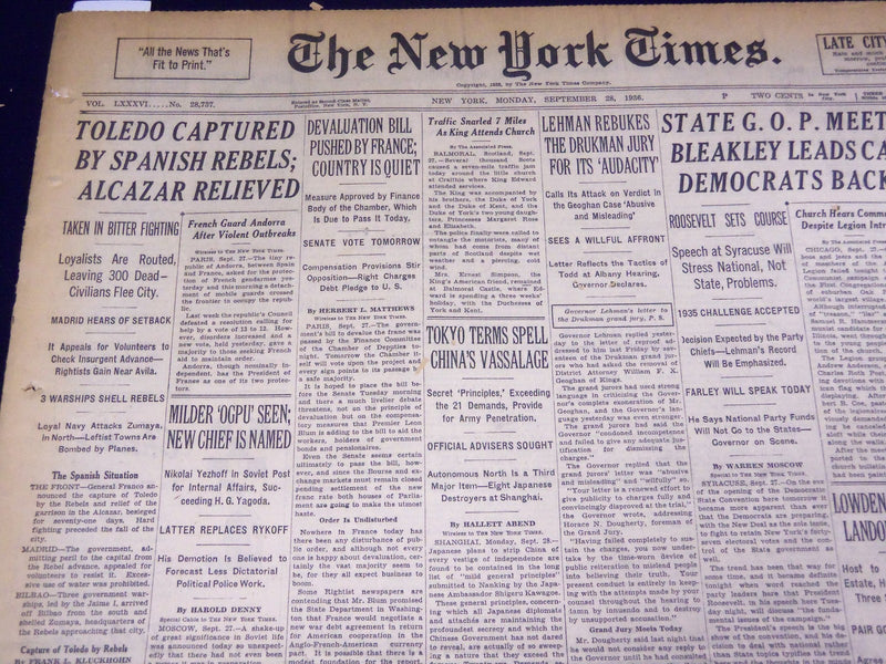 1936 SEPT 28 NEW YORK TIMES - TOLEDO CAPTURED BY SPANISH REBELS - NT 2074