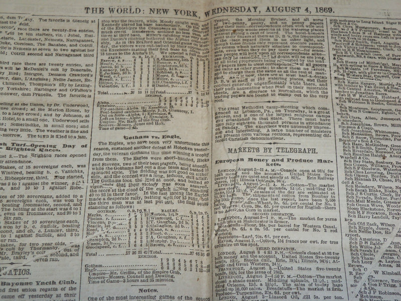 1869 AUGUST 4 THE NEW YORK WORLD NEWSPAPER - BASEBALL COVERAGE - NP 5233
