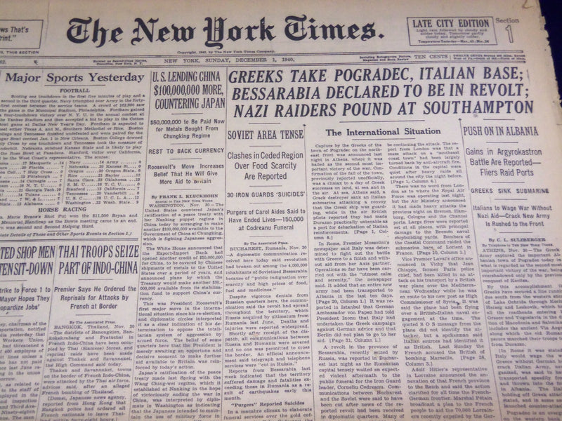 1940 DECEMBER 1 NEW YORK TIMES - NAZIS POUND AT SOUTH HAMPTON - NT 2740