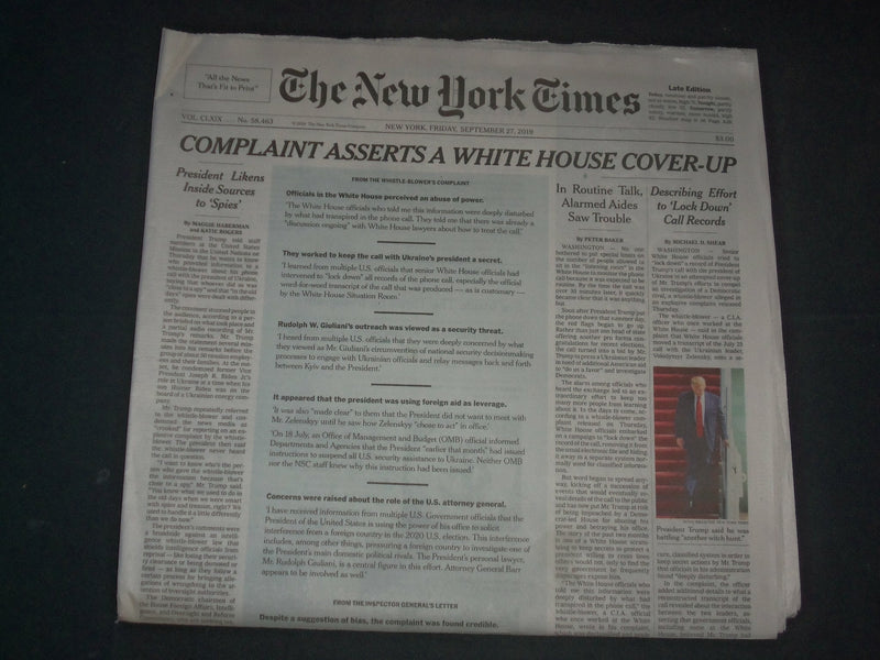 2019 SEP 27 NEW YORK TIMES-WHISTLE-BLOWER COMPLAINT ASSERTS WHITE HOUSE COVER-UP